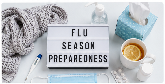 Flu season preparedness essentials in Canada, including a thermometer, face mask, tissues, hand sanitizer, medication, warm tea with lemon, and a sign reading "Flu Season Preparedness" arranged on a clean tabletop.