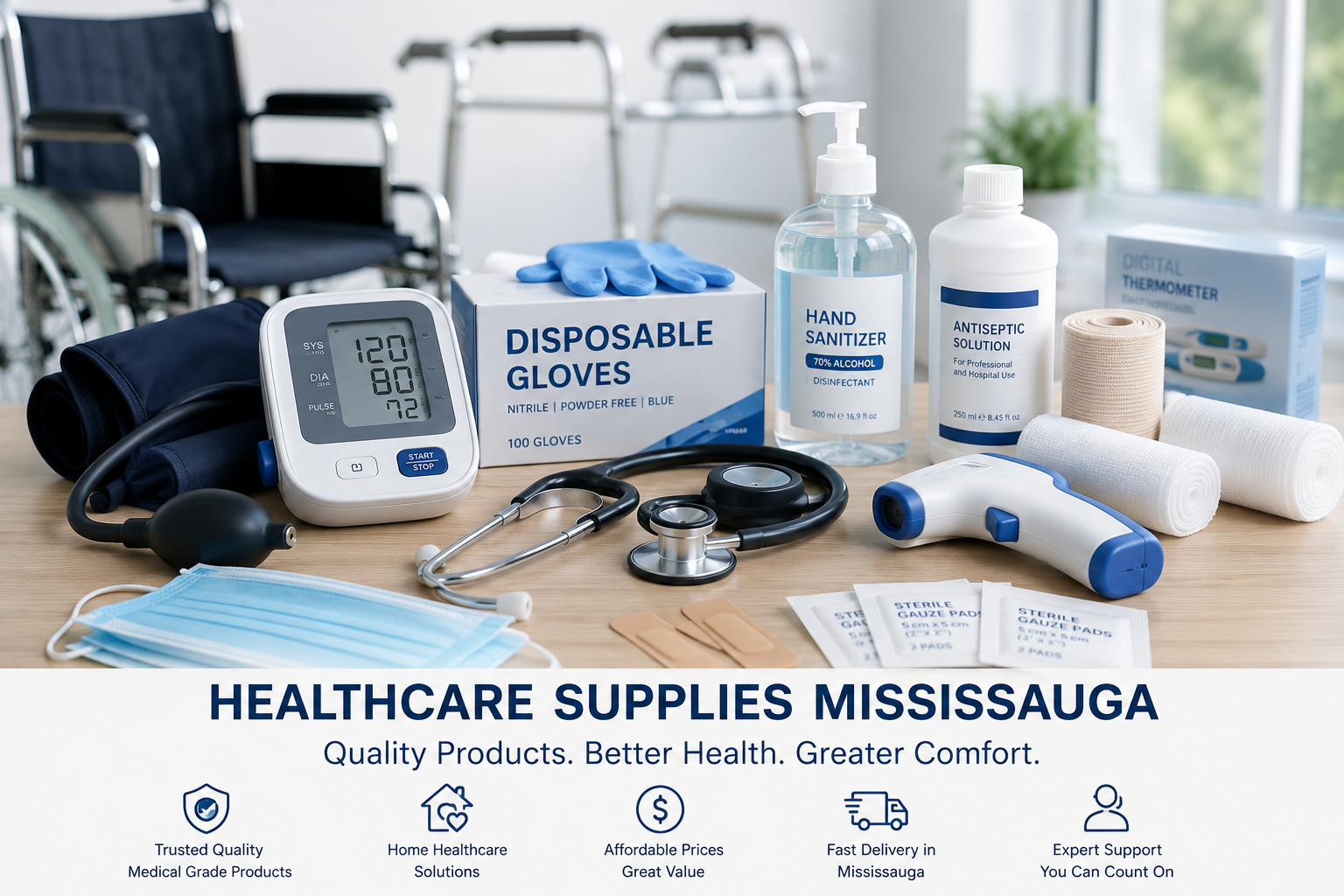 Healthcare supplies in Mississauga featuring home medical equipment, surgical supplies, blood pressure monitor, wheelchair, thermometer, gloves, sanitizer, wound care products, and mobility aids for home healthcare.