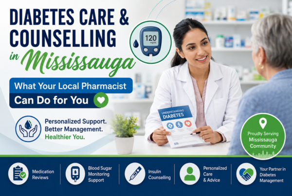 Diabetes care and counselling in Mississauga, showing a pharmacist counselling a patient about diabetes management, medication reviews, blood sugar monitoring, insulin counselling, and personalized care.