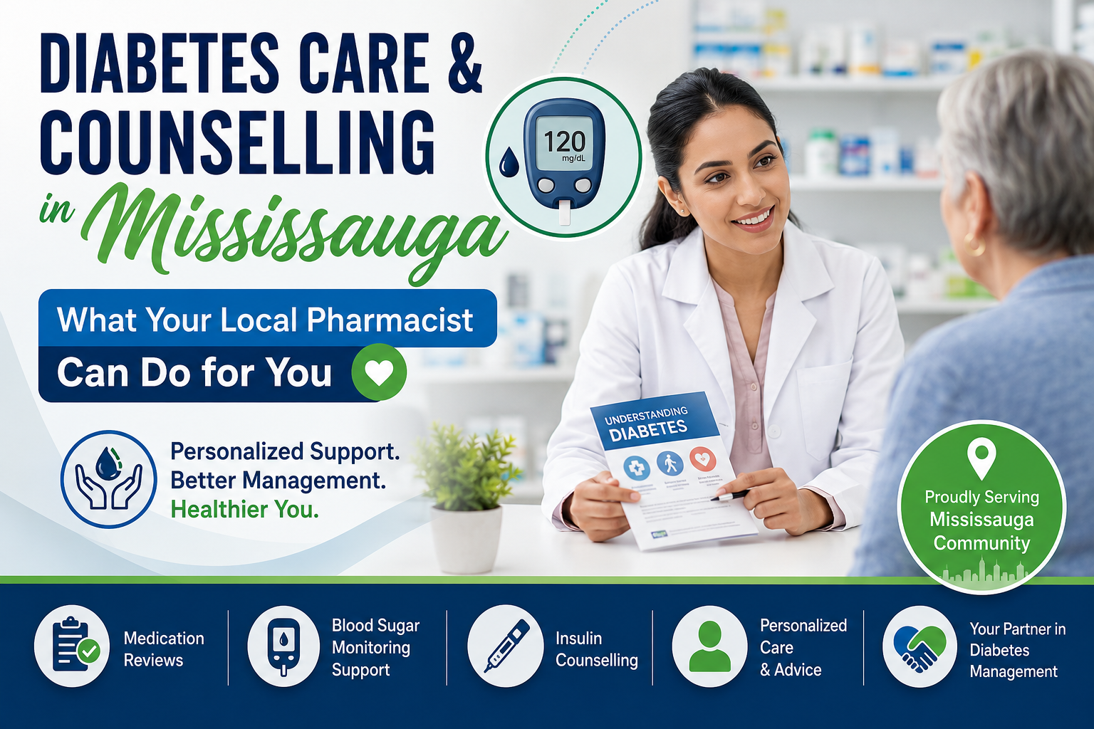 Diabetes care and counselling in Mississauga, showing a pharmacist counselling a patient about diabetes management, medication reviews, blood sugar monitoring, insulin counselling, and personalized care.