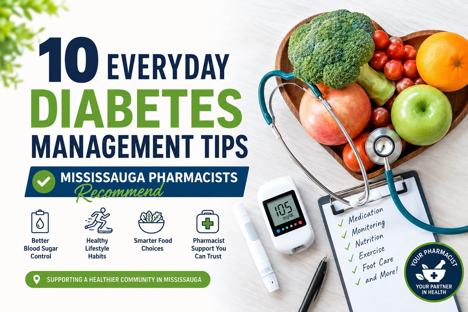 10 everyday diabetes management tips recommended by Mississauga pharmacists, featuring healthy foods, a glucose meter, stethoscope, medication checklist, exercise, nutrition, foot care, and pharmacist support.