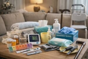 Home healthcare supplies including a blood pressure monitor, thermometer, medication organizer, disposable gloves, wipes, lotion, towels, and mobility aids arranged on a table.