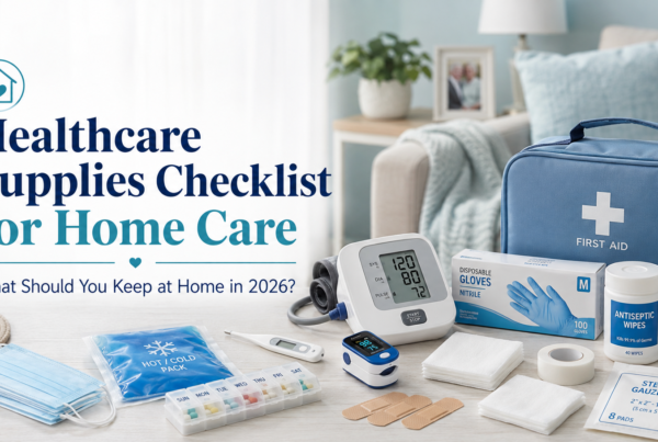 Healthcare supplies checklist for home care featuring a first aid kit, blood pressure monitor, pulse oximeter, thermometer, gloves, sanitizer, masks, gauze, bandages, medication organizer, and cold pack.
