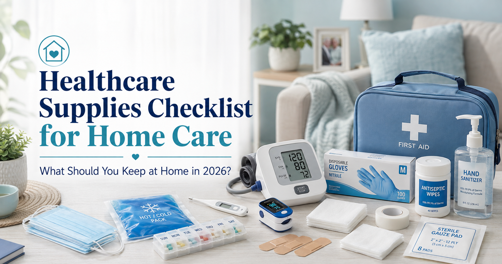 Healthcare supplies checklist for home care featuring a first aid kit, blood pressure monitor, pulse oximeter, thermometer, gloves, sanitizer, masks, gauze, bandages, medication organizer, and cold pack.