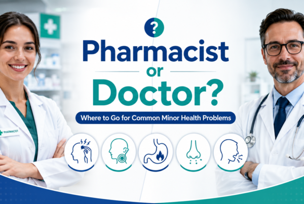 Pharmacist or doctor for common minor health problems including headaches, coughs, allergies, heartburn, and sore throat.