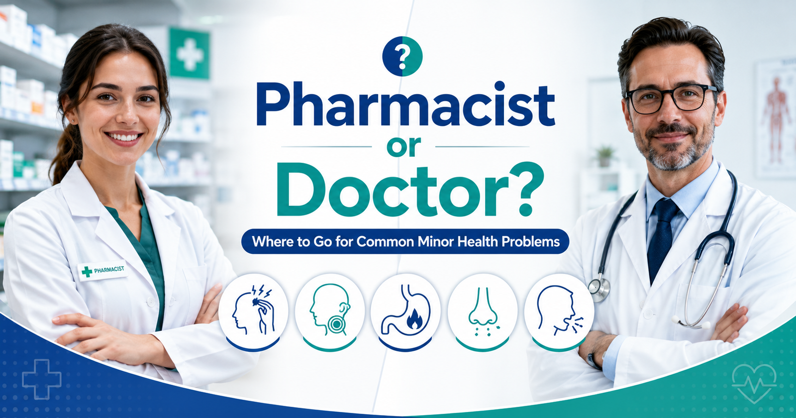 Pharmacist or doctor for common minor health problems including headaches, coughs, allergies, heartburn, and sore throat.