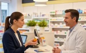 Woman consulting a pharmacist about medication at a pharmacy counter.