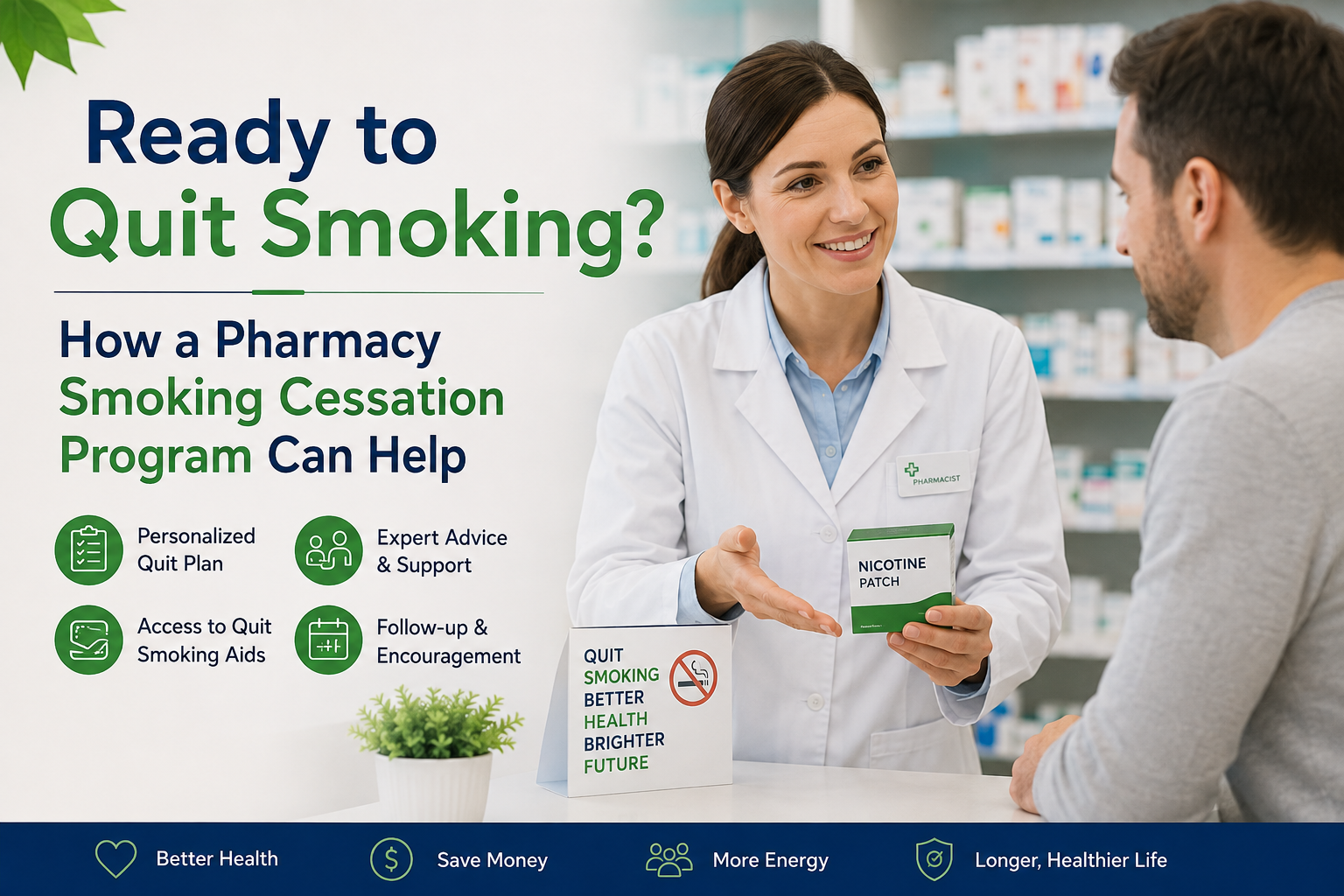 Pharmacist helping a patient with a smoking cessation plan and nicotine patch in a pharmacy.