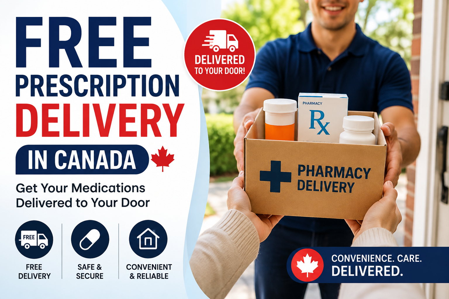 Pharmacy delivery service delivering prescription medications to a Canadian home.