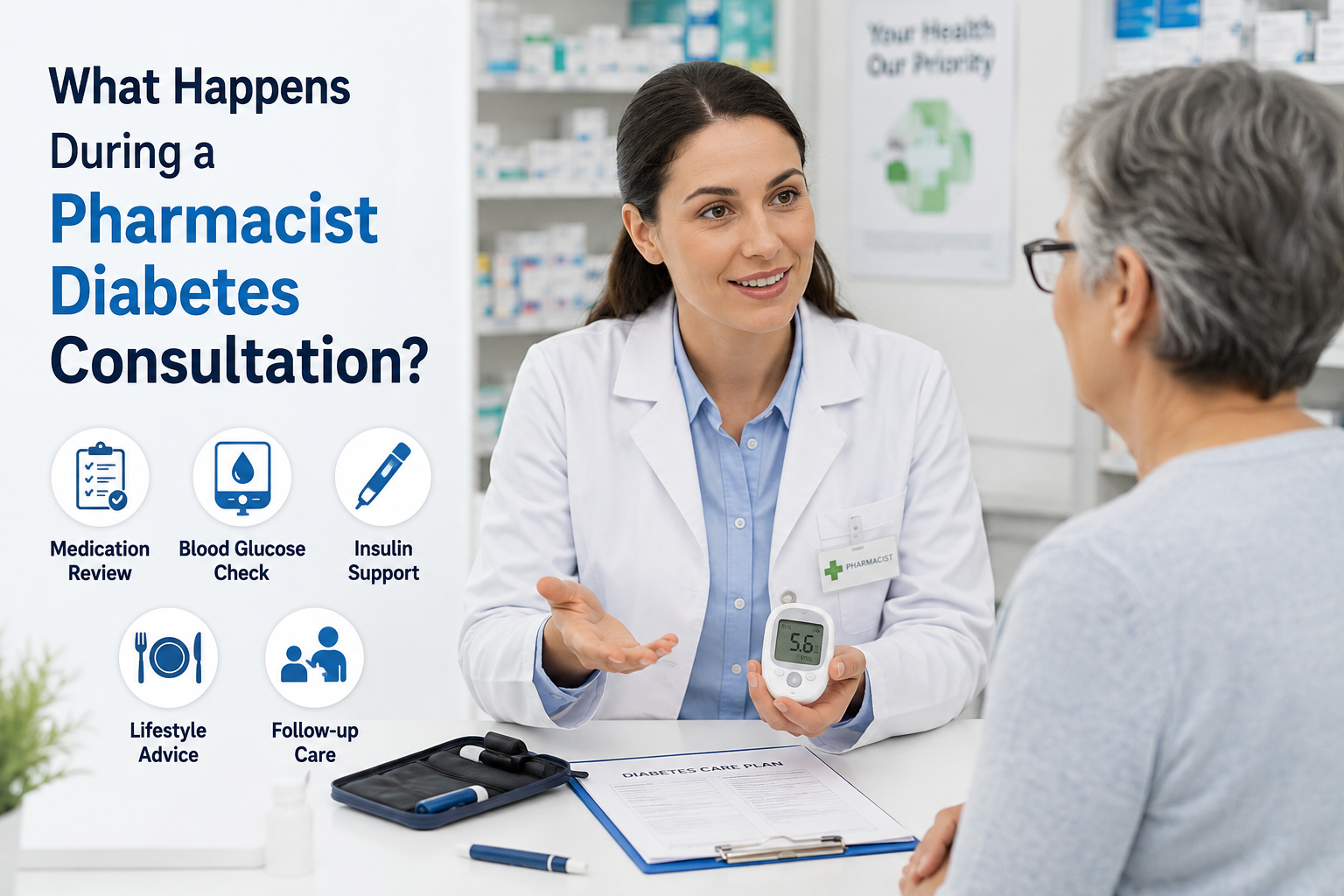 Pharmacist conducting a diabetes consultation with a patient, reviewing blood glucose, medication, insulin, and diabetes care.